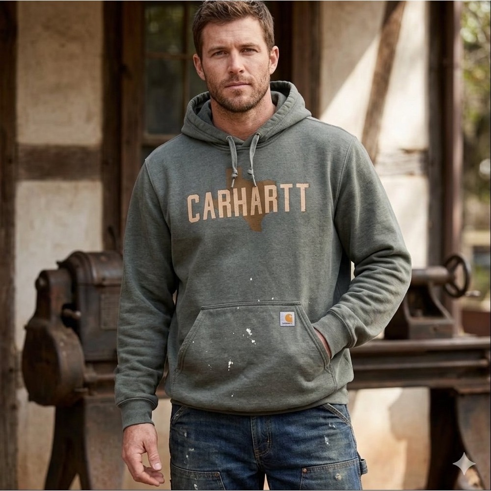 Carhartt Texas Hoodie Men 2XL TALL Olive Green Distressed Heavyweight Loose Work